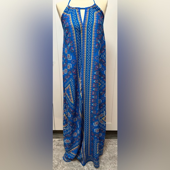 Blue Patterned Halter Maxi Dress Sz MED - Picture 1 of 3